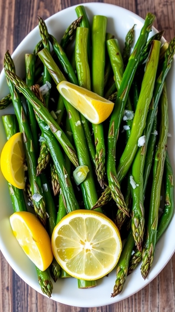 A beautifully roasted asparagus dish with lemon wedges on a wooden table.